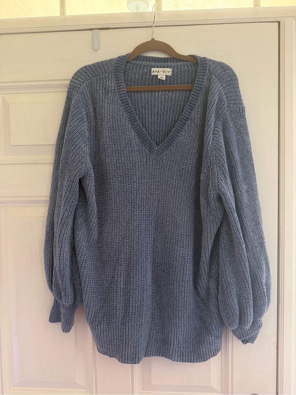 Ava & Viv Dusty Blue V-Neck Ribbed Balloon Sleeve Sweater